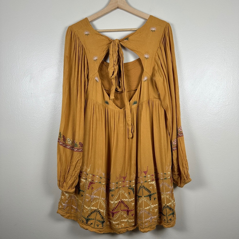 Free People Womens S Mini‎ Dress Mustard Yellow Floral Embroidered Tie Back NEW